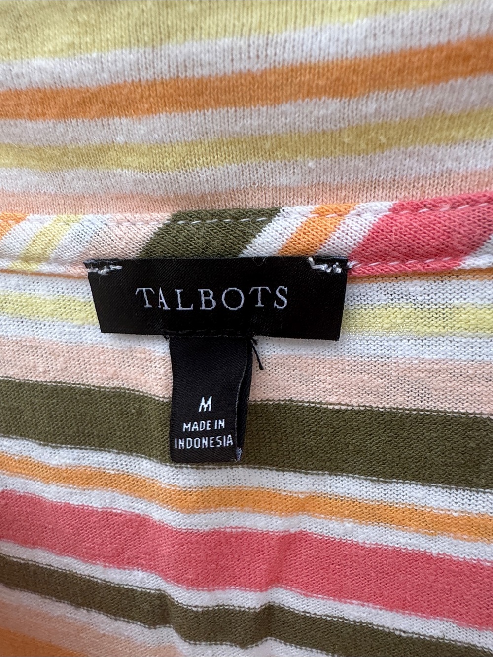 Talbots Striped V-Neck Short Sleeve Top in Pink, Orange, Yellow and Olive - Picture 2 of 4